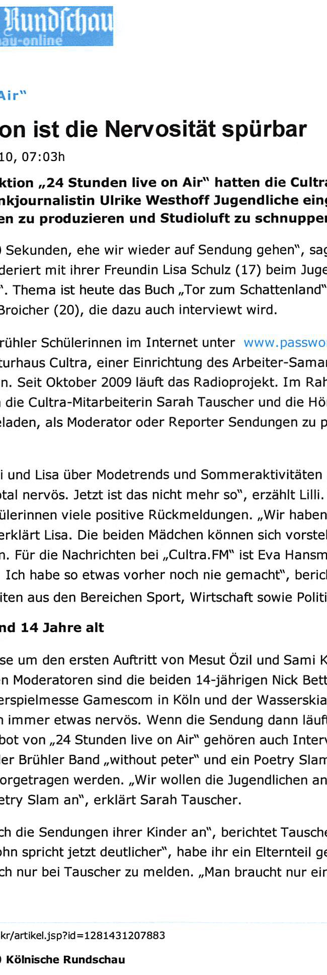 Presseartikel Kölnische Rundschau Online vom 26.08.2010