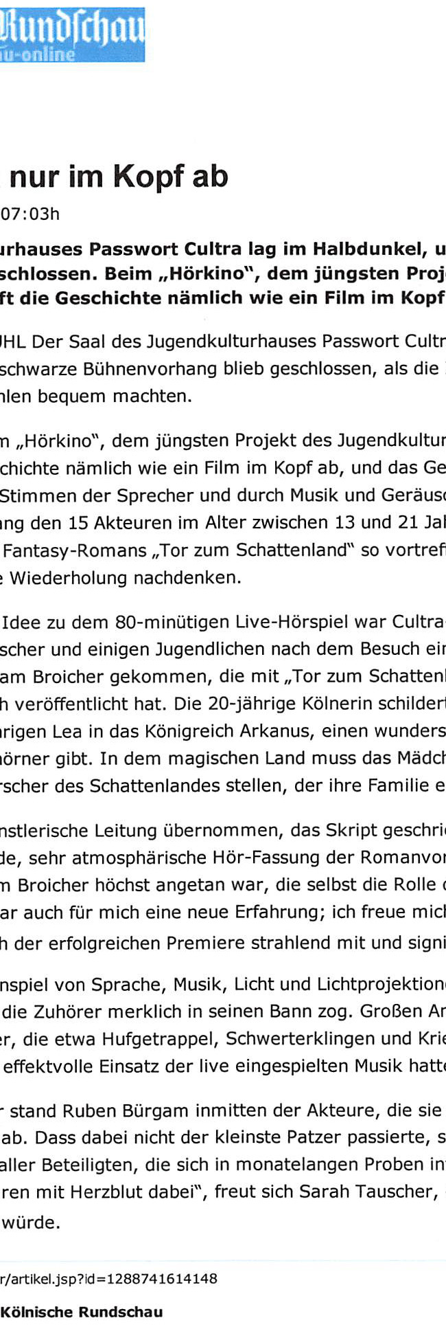Presseartikel Kölnische Rundschau vm 20.12.2009