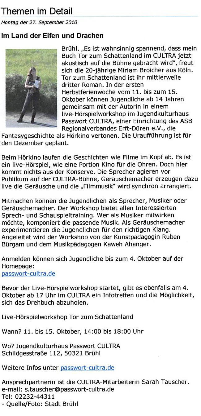 Presseartikel in Pulheim Online vom 27.9.2010